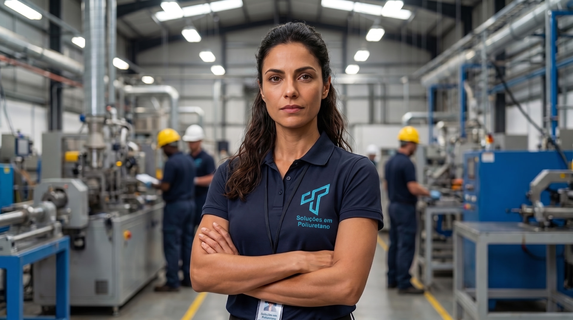 Especialista Tecnoprene com uniforme da empresa dentro da fábrica de poliuretano